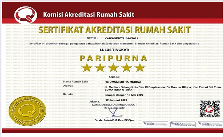 Sertifikat Akreditasi Paripurna KARS RSU Mitra Medika Bandar Klippa